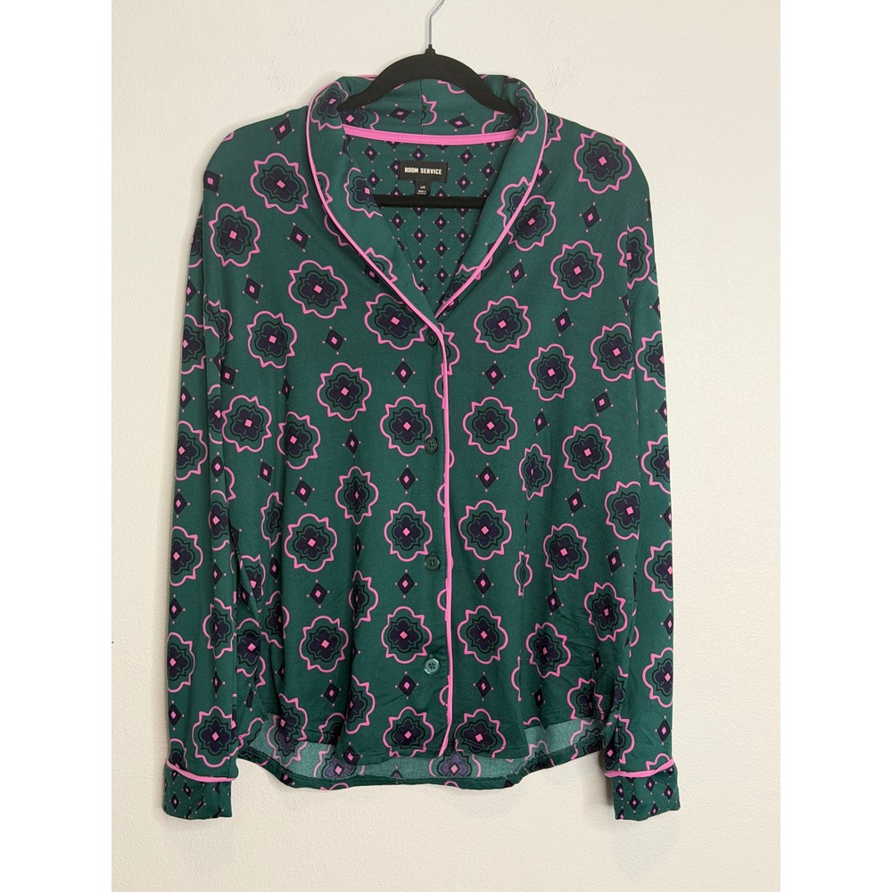 Room Service Pajama Set Women's Large Green Pink Medallion Button Top Pants 2pc